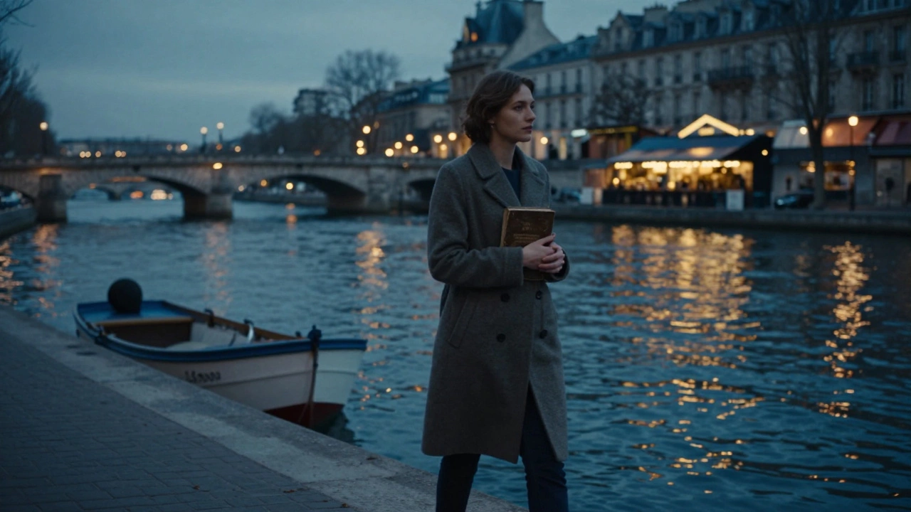 A woman walks alone along the Seine at dusk, holding a book, her reflection blending with the water and city lights.