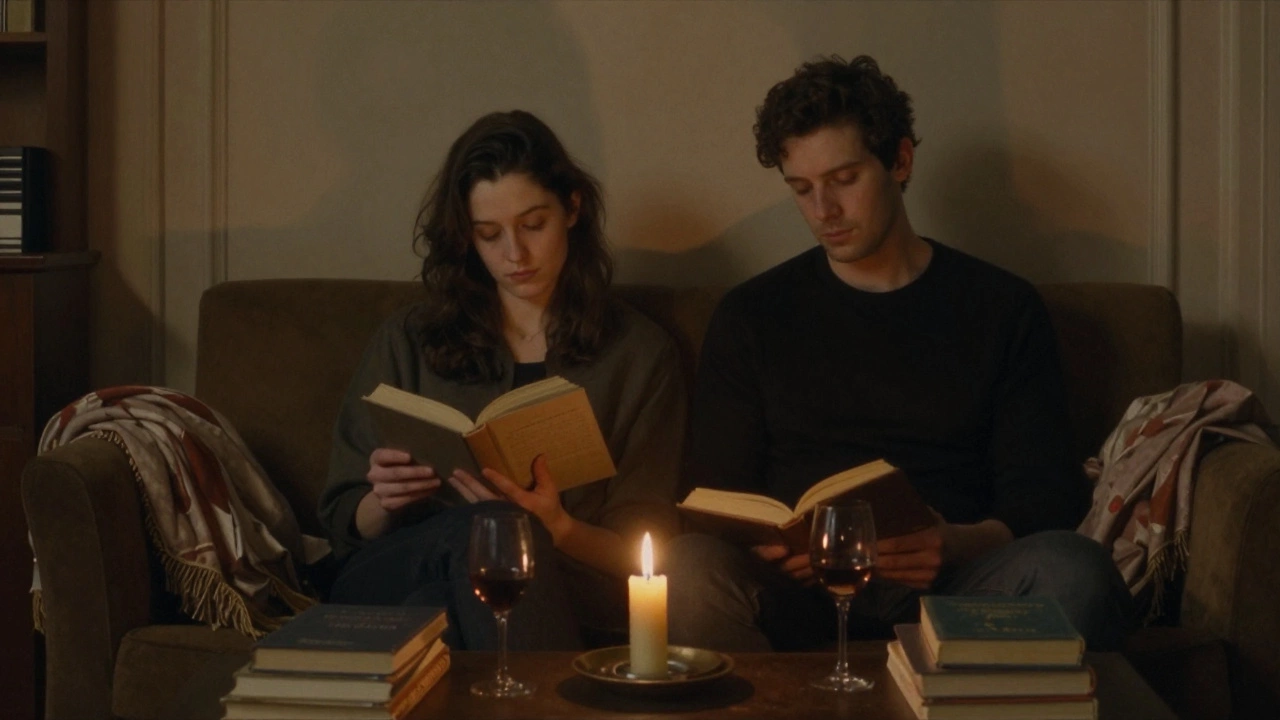 Two people sit in quiet intimacy on a sofa, one reading aloud by candlelight in a cozy Paris apartment.